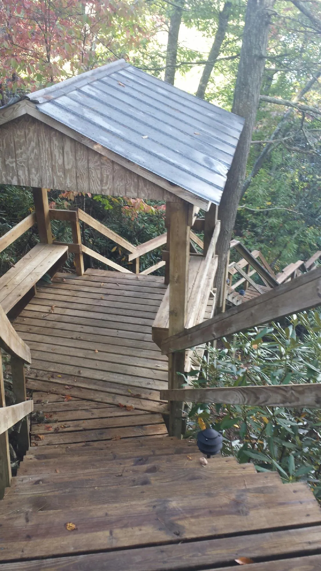Metal roofed shelter over wooden steps on a wooded walkway — Skylight Repair & Installation work by our crew in Woodlawn